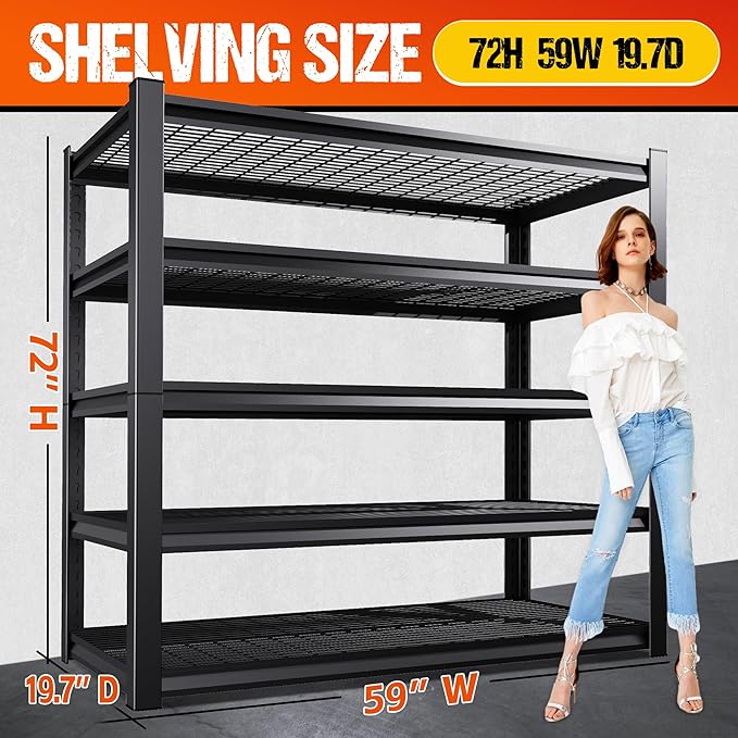 72" H Garage Shelving Heavy Duty Storage Shelves, Adjustable Metal Shelving Unit, Utility Garage Organizer Shelf for Basement, Pantry, Kitchen, Warehouse, Supermarket, 59" W x 19.7" D x 72" H - Image 3