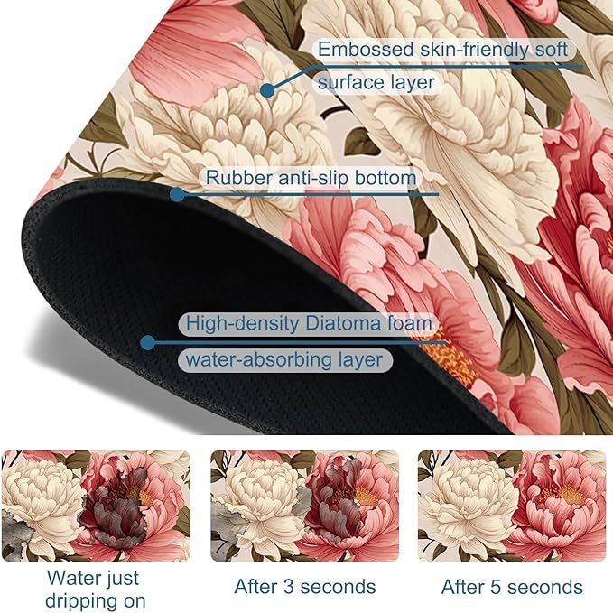 Beautiful Peony Sink Splash Guard Bright Peonies Faucet Absorbing Mat Fast - Image 3