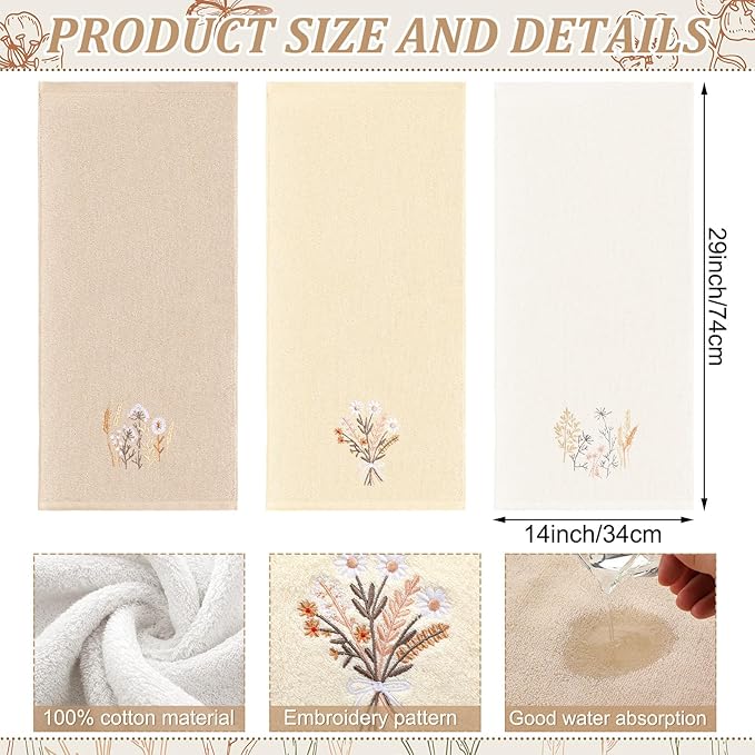 3 Pcs Boho Flowers Hand Towels Farmhouse Floral Brown Wildflowers Bathroom - Image 2