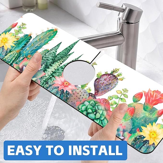 Watercolor Cactus Floral Sink Faucet Absorbing Mat Sink Splash Guard Faucet Mat - Image 6