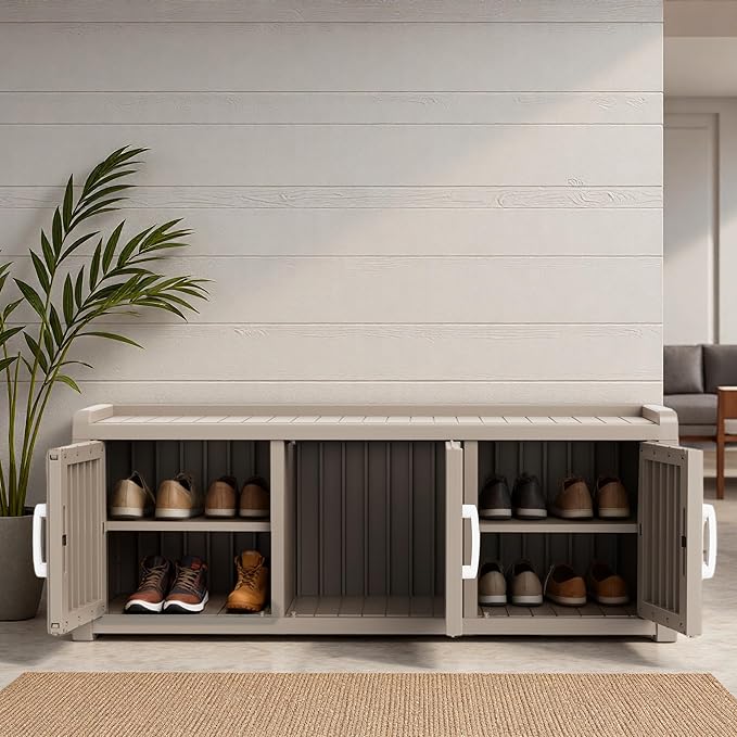 3 Doors Shoe Bench, Waterproof & UV-Resistant, Resin Shoe Cabinet Indoor & Outdoor Use, Entryway Bench with Adjustable Shelves & Hidden Storage Space for Bedroom, Hallway, Grey - Image 2