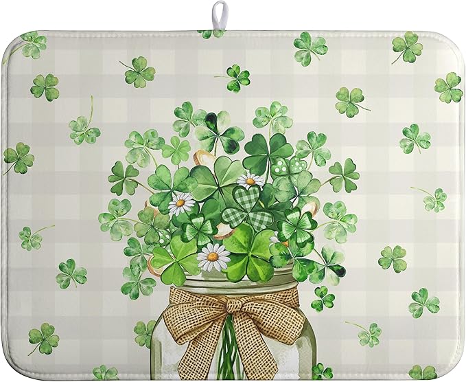 St Patricks Day Shamrock Dish Drying Mat Green Spring Kitchen Dishes Drying Pad by farg