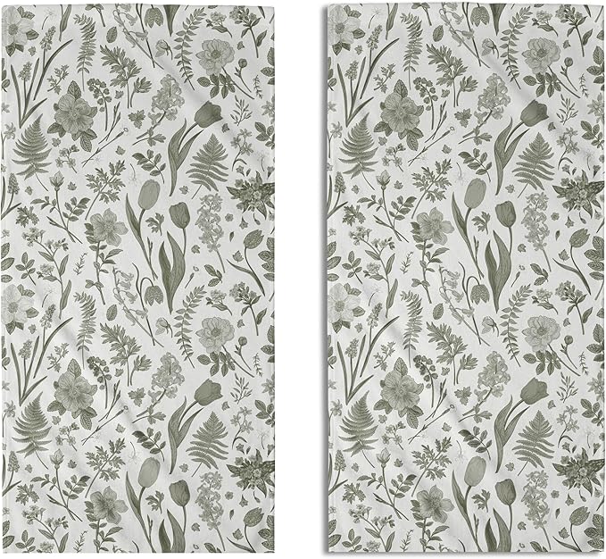 Spring Floral Hand Towels for Bathroom Set of 2 Sage Green White Flower Leaves by Aytipun
