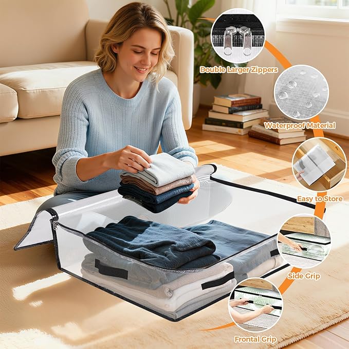 2 Pack Under Bed Storage Bags, 60L Foldable Clear Storage Containers - Image 3