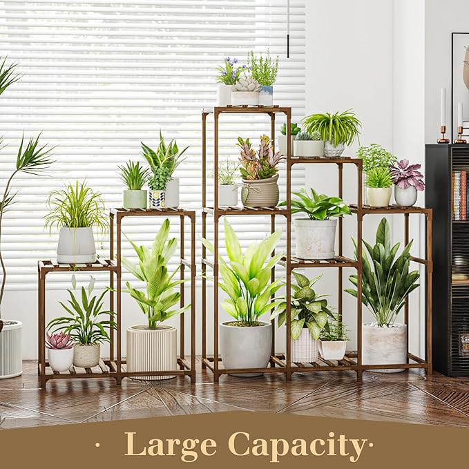 Bamworld 2 Sets Plant Stands Indoor Tall Shelves Outdoor for Multiple Flowers 10 Pots Wooden Rack for Living Room Balcony Garden - Image 3