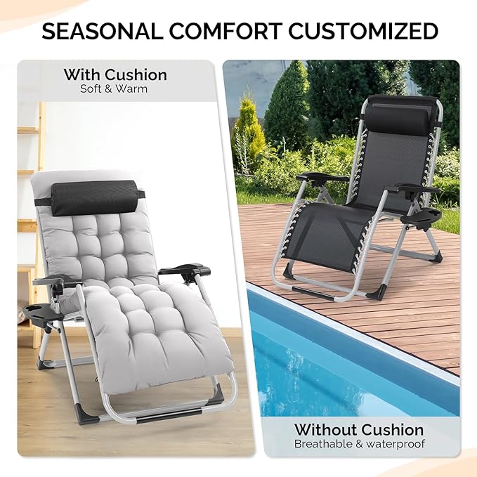 VINGLI 29" Padded Zero Gravity Chair, Lounge Chair with Removable Cushion & Tray， Folding Reclining Patio Chairs， Recliner Chair for Lawn，Indoor Outdoor-Grey - Image 7