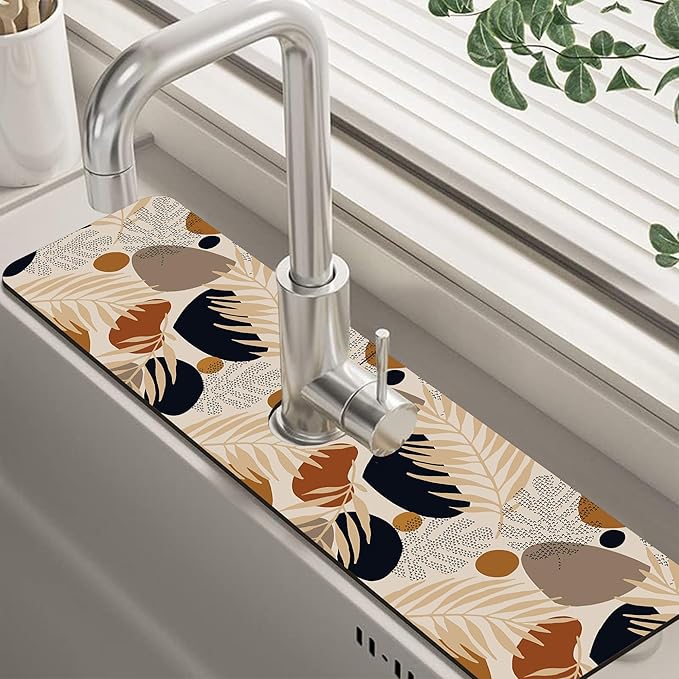 Boho Tropical Leaves Kitchen Sink Splash Guard Mat Absorbent Fast Drying Mat by Unknown