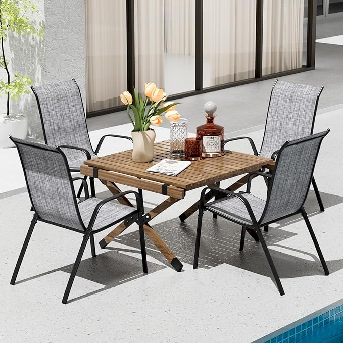 TLSUNNY Patio Chairs, Stackable Textilene Outdoor Dining Furniture for All Weather, with 17.7″ Wide Seat & Metal Frame, for Garden, Backyard, Deck, Restaurant, Poolside (4, Grey, 26.4″) - Image 2