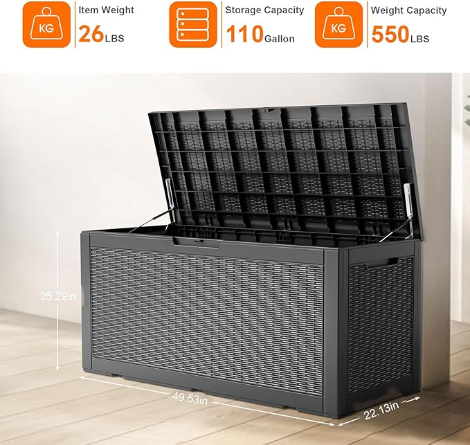 ROJIK Outdoor Storage Housing Deck Box - Waterproof Patio Furniture, Garden Tools, Cushions, Pool Accessories Storage Bench with Lockable Lid and Side Handles (Black 110 Gal) - Image 2