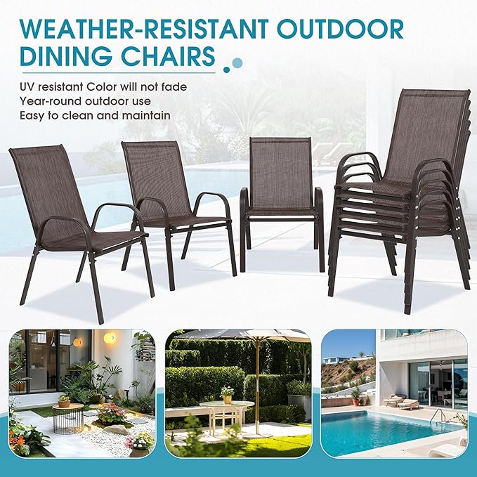Outdoor Stackable Chairs Set of 8, Stacking Patio Chairs with Textilene Fabric, Outside Furniture for Garden Backyard Balconie Poolside Deck, Brown - Image 6