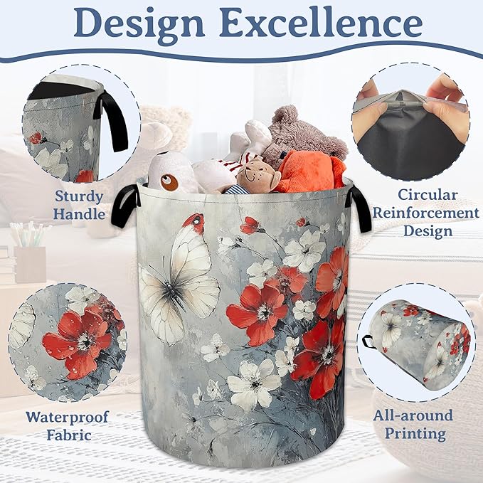 Butterfly Flowers Laundry Basket, Foldable Oxford Cloth Red Laundry Hamper - Image 4