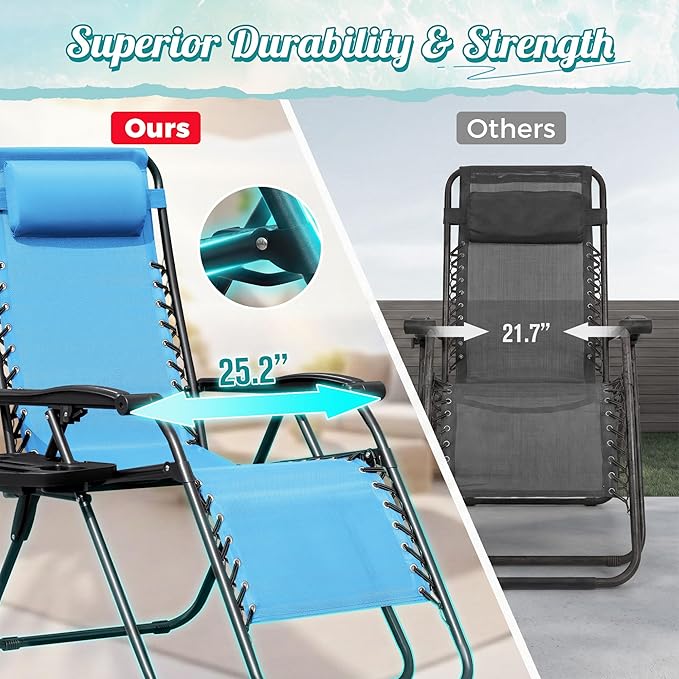Homall Zero Gravity Chair Adjustable Folding Lawn Lounge Chairs Outdoor Lounge Gravity Chair Camp Reclining Chair with Pillows for Poolside Backyard and Beach Set of 2 (Sky Blue) - Image 4