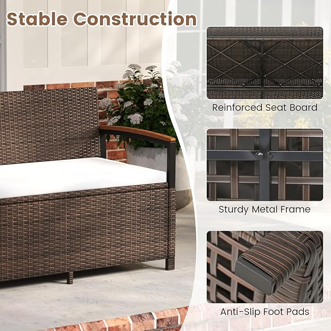 Tangkula 46 Gallon Outdoor Bench with Storage, Outdoor PE Rattan Storage Bench with Cushion, Backrest & Acacia Wood Armrests, Metal Frame, Waterproof Deck Box Seat for Porch Backyard Poolside - Image 7