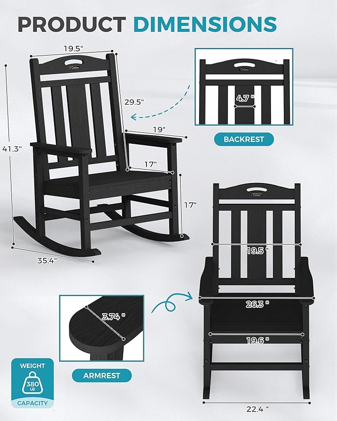 Ciokea Oversized Outdoor Rocking Chair, 380lbs Heavy-Duty Large Patio Rocker, Weather Resistant & Anti-Fade Porch Chair, High Back Cozy Rocking Chair for Outside, Fire Pit, Deck, Garden, Black - Image 3
