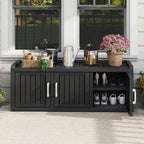 2-Tier Storage Bench, Waterproof UV-Resistant Outdoor Shoe Storage Cabinet with 3 Doors & Adjustable Shelves for Indoor Outdoor Entryway, Hallway, Living Room (Black) - Image 2