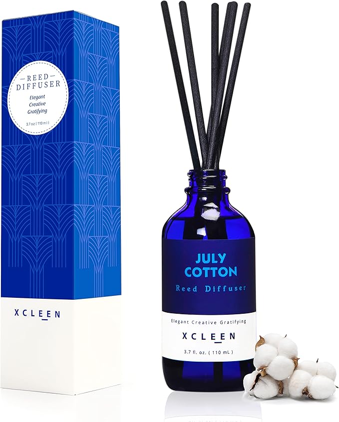 July Cotton Reed Diffuser Set, 3.7 Oz Aromatherapy Scented Oil Diffuser Sticks by Xcleen