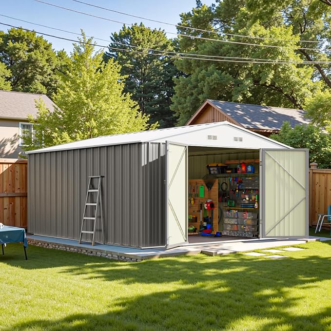 Patiowell 10 x 12 FT Metal Storage Shed for Outdoor, Steel Yard Shed with Design of Lockable Doors, Utility and Tool Storage for Garden, Backyard, Patio, Outside use, Gray by Patiowell