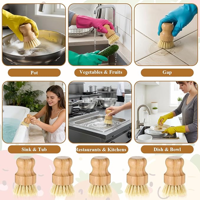 12 Pack Bamboo Dish Scrub Brushes Wooden Scrubbers Set Kitchen Palm Pot Brush - Image 5