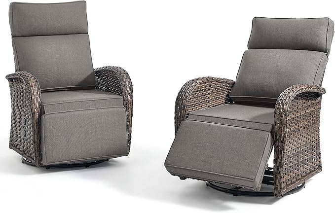Zero Gravity Patio Swivel Rocking Recliner Chairs Set of 2 - Wicker Outdoor Lounge Chair with Adjustable Backrest & Footrest, All Weather Reclining Rocker Chairs with Thick Cushion for Pool Deck Grey - Image 7