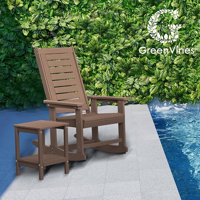 GREENVINES Outdoor Rocking Chairs | Set of 2 | Porch Rocker | HDPE Plastic | Wood Grain | Oversized Rockers | High Back | Big & Tall | Ladder Back | Dark Brown | for Patio Outside - Image 4