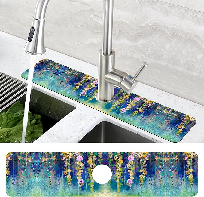 Abstract Watercolor Floral Kitchen Sink Splash Guard Mat Absorbent Fast Drying - Image 4