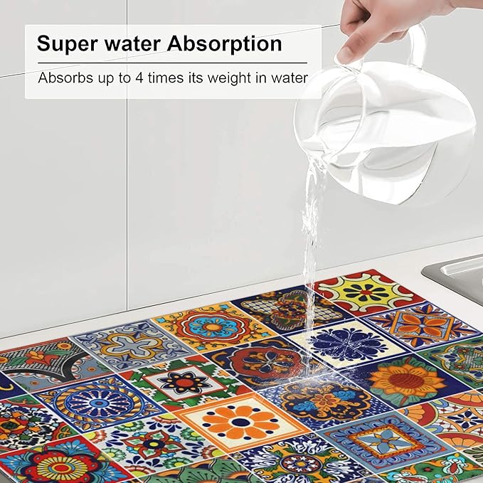 Talavera Tiles Dish Drying Mat for Kitchen Counter, 18 x 24 Inch Microfiber - Image 2