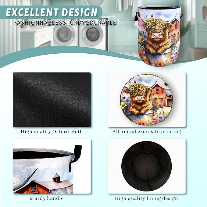 Highland Cow Laundry Basket Floral Farm Foldable Funny Laundry Hamper Oxford - Image 4