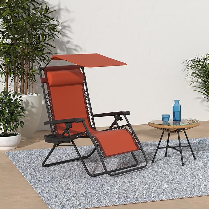 Best Choice Products Folding Zero Gravity Outdoor Recliner Patio Lounge Chair w/Adjustable Canopy Shade, Headrest, Side Accessory Tray, Textilene Mesh - Burnt Orange - Image 2