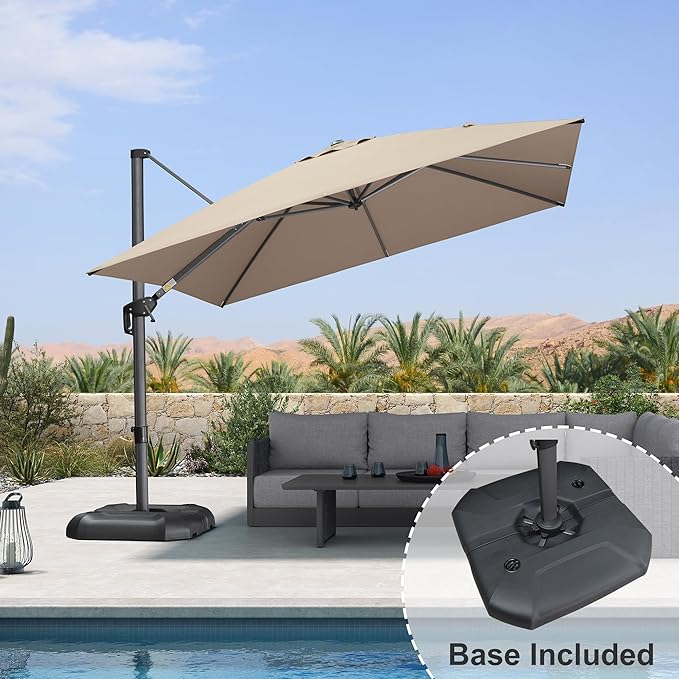 PURPLE LEAF 10 Feet Square Cantilever Umbrella Patio Umbrella with Base Outdoor Umbrella Aluminum Offset with 360-degree Rotation for Garden Deck Pool Patio Taupe - Image 2