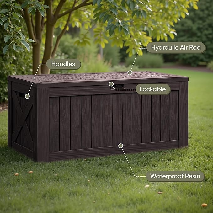 Flamaker Resin Deck Box 120 Gallon Waterproof Large Outdoor Indoor Storage Box Imitation Wood Resin for Patio Furniture Garden Tools and Pool (Deep Brown) - Image 2