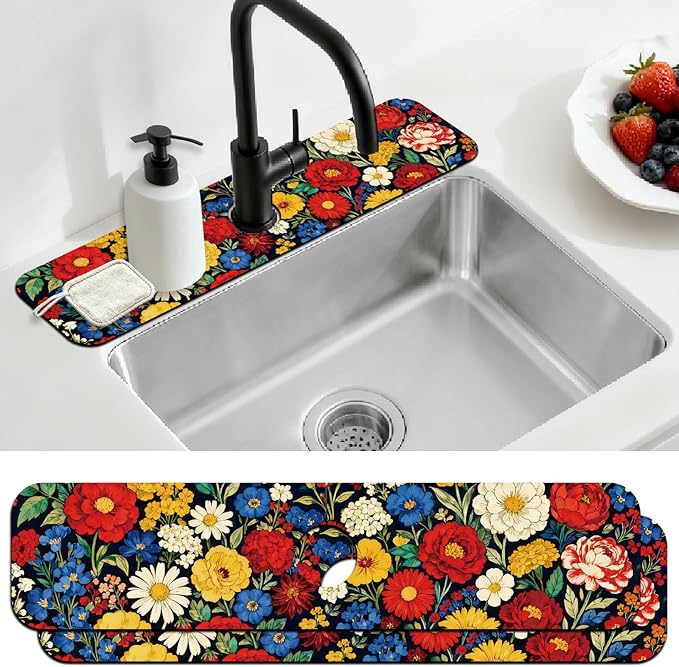 2 Pcs Kitchen Sink Splash Guard Faucet Mats Vintage Colored Flowers Pattern by CONCHLERY%E6%97%97%E8%88%B0%E5%BA%97