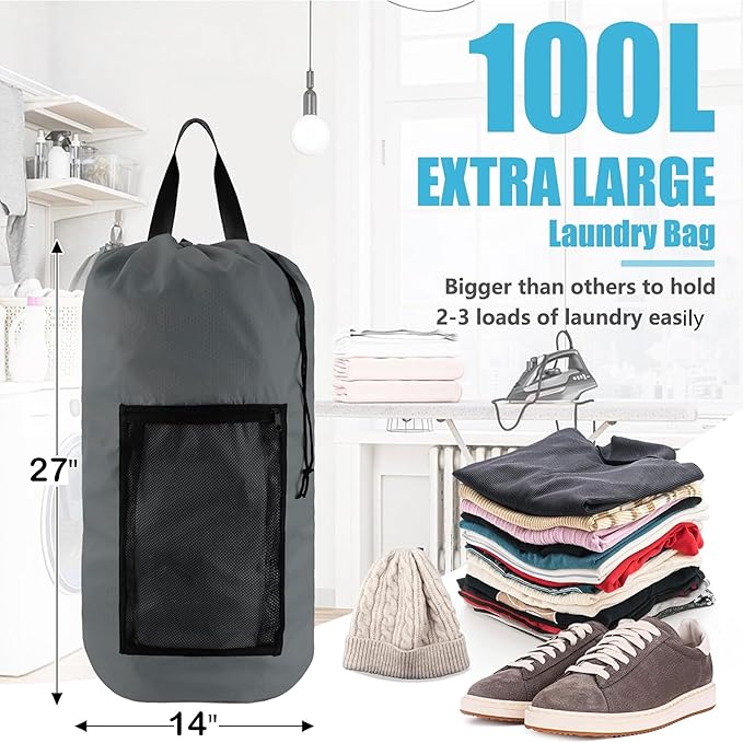 Laundry Bag Backpack with Shoulder Straps and Mesh Pocket Laundry Backpack - Image 5