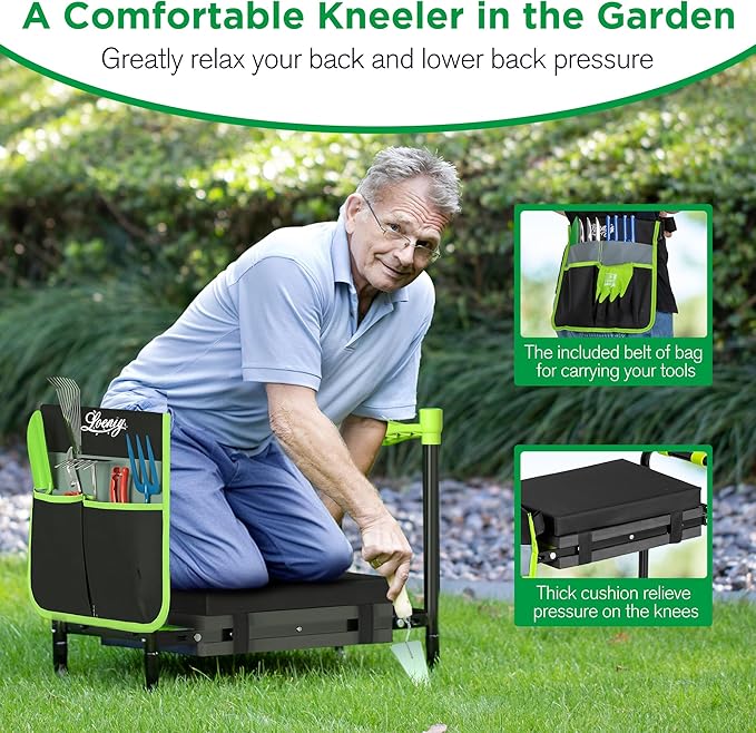 10.8” Wide Garden Kneeler and Seat, Heavy Duty Foldable Gardening Stool with Tool Belt Pouch, Included Thickened Kneeling Pad, Portable Gardening Bench Chair for Seniors & Parents - Image 3