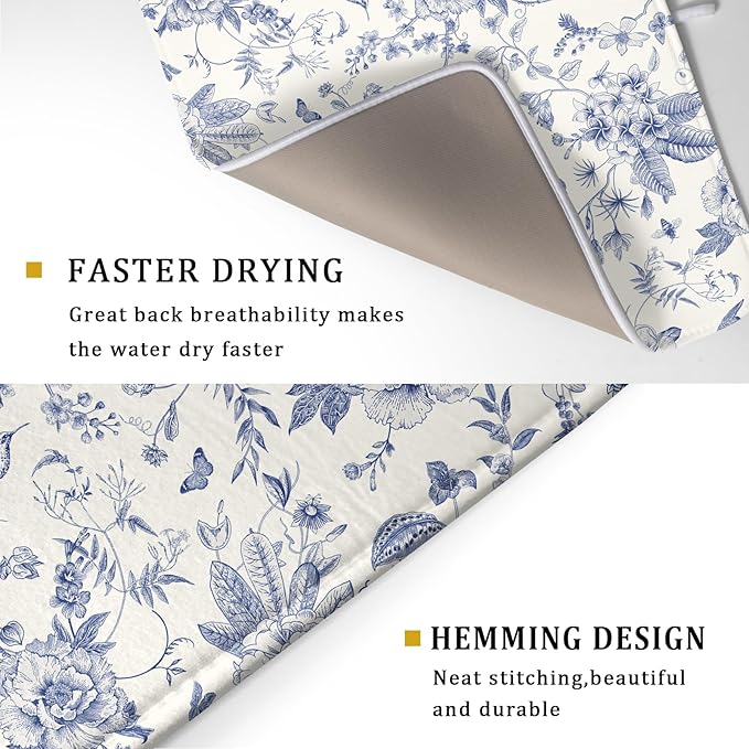 Giwawa Chinoiserie Flower Dish Drying Mat Blue Leaves Dishes Drying Pad - Image 3