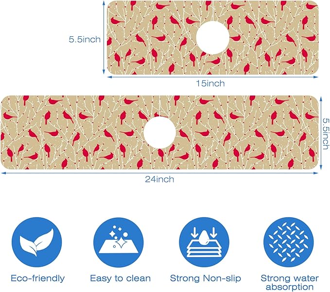 Christmas Cardinal Birds Kitchen Sink Splash Guard Mat Absorbent Fast Drying - Image 3