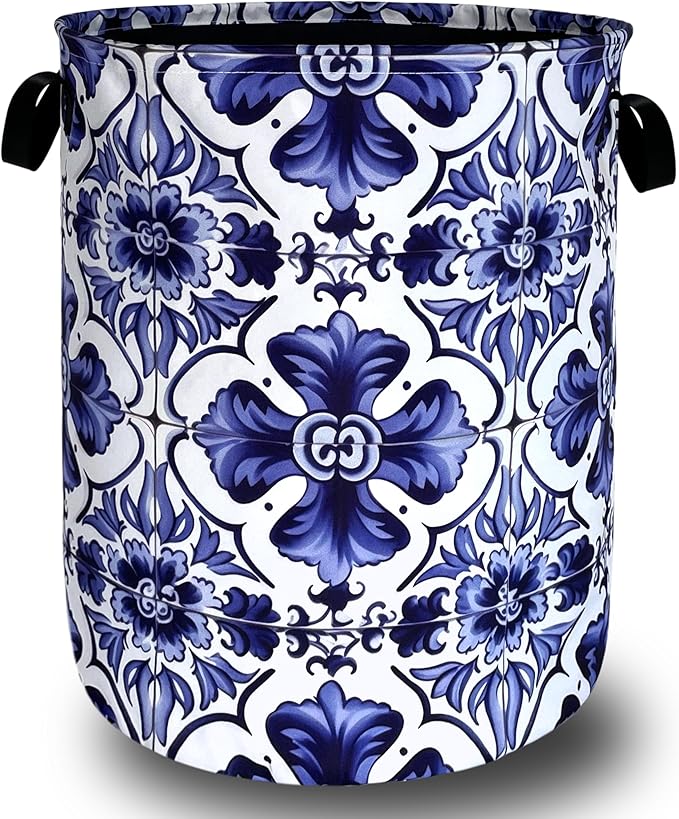 Blue and White Mexican Tile Laundry Basket Oxford Cloth Foldable Boho Laundry by Unknown