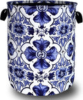 Blue and White Mexican Tile Laundry Basket Oxford Cloth Foldable Boho Laundry by Unknown