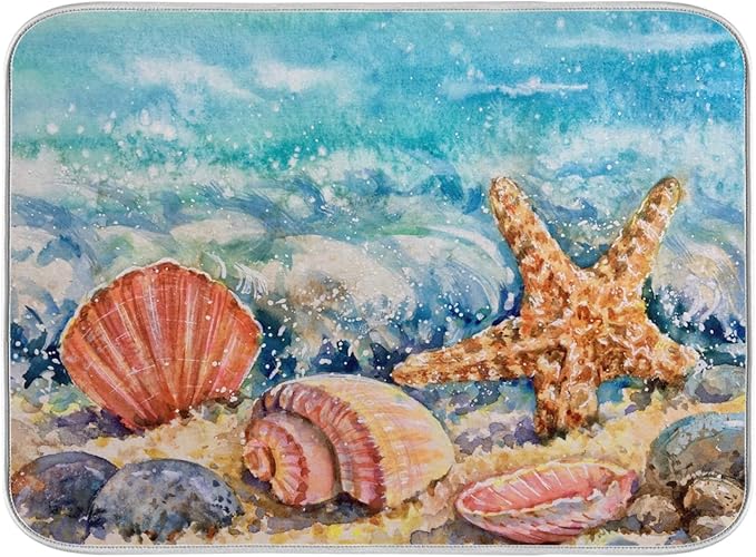 ALAZA Summer Beach Seashells01 Star On Sand Dish Drying Mat by ALAZA