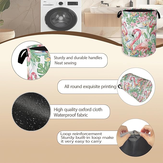 Watercolor Flamingo Laundry Hamper, Tropical Flower Leaves Clothes Hamper - Image 5