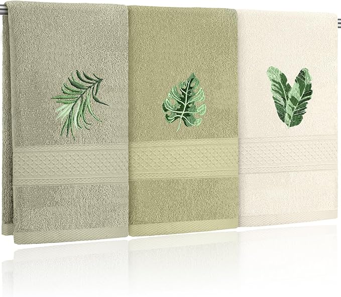 3 Pcs Sage Green Hand Towels Tropical Bathroom Decor Farmhouse Embroidered Sage by FuWeave