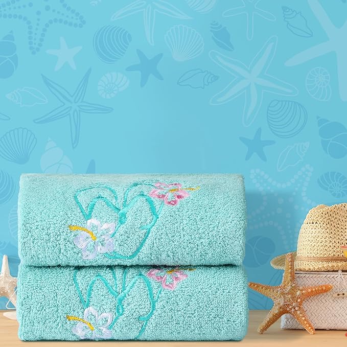2 Pcs Flip Flops Hand Towels Mint Green Bathroom Decor 14x29 Inch Embroidered - Image 5