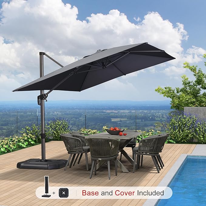 PURPLE LEAF 9'×11.5' Cantilever Patio Umbrella with Base Rectangle Offset Outdoor Umbrella Cover with Zipper for Garden Deck Pool Grey - Image 3
