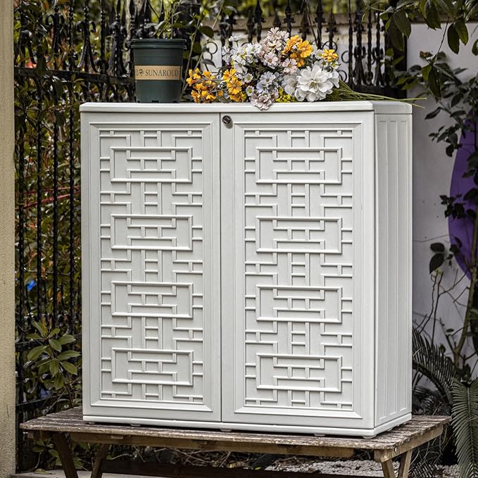 Indoor Outdoor Storage Cabinet Waterproof with Shelf, Off White Plastic Outdoor Cabinets for Patio/Garden/Backyard, Size 34.3''L*15''W*36.2''H - Image 5