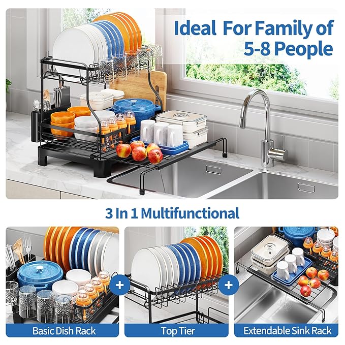 TOOLF Extendable Dish Drying Rack, 2-Tier Dish Rack - Image 2