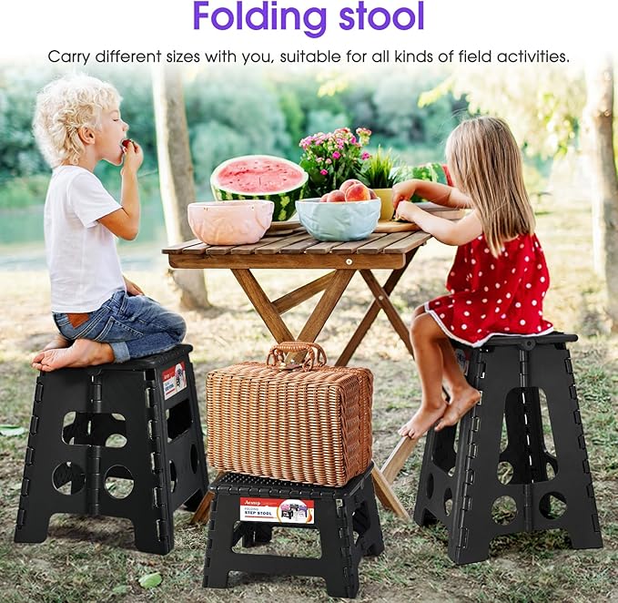 ACSTEP 16 Inch Folding Step Stool for Adults and Kids, Non-Slip Plastic Foldable Stepping Stool, Collapsible Folding Stool with Handle Holds Up to 400lbs for Kitchen, Dot Black (1 Pack) - Image 3