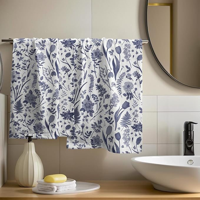 Spring Floral Hand Towels for Bathroom Set of 2 Blue White Flower Leaves - Image 6