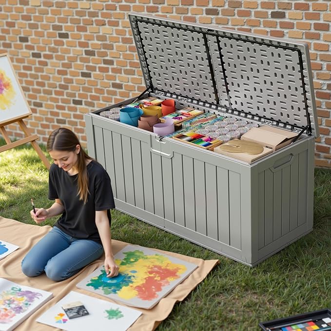 Patiowell 240 Gallon Large Outdoor Storage Box, Waterproof Deck Box with Fixed Divider, Lockable and Durable Patio Storage Solution for Patio Furniture and Garden Tools (Grey) - Image 2