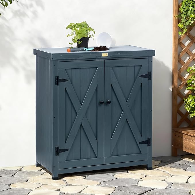 HABAU Outdoor Storage Cabinets Weatherproof for Patio, Garden Work Bench with Shelves & Metal Tabletop, Wooden Potting Table Workstation - Image 2