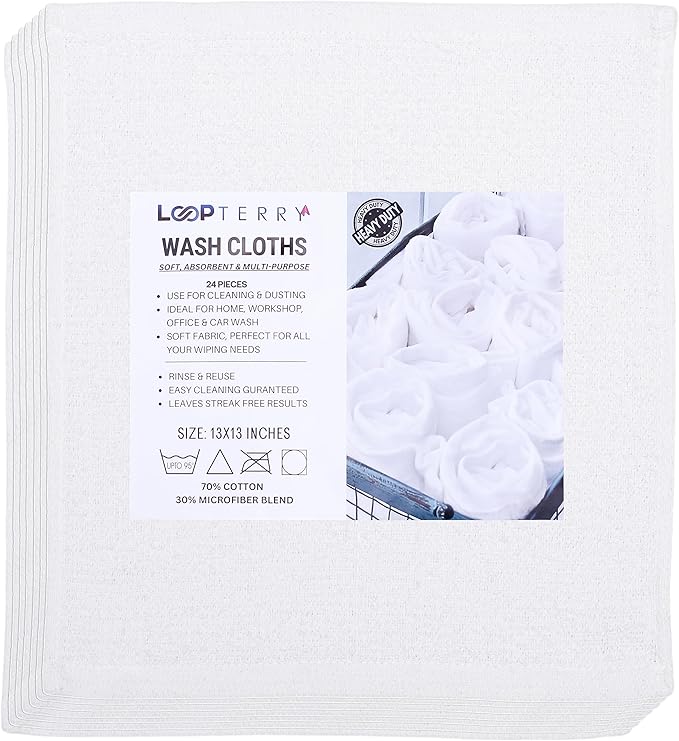 Looperry White Terry Cloth Rags 13"x13" Inches Commercial Grade Dish Cloth - Image 2