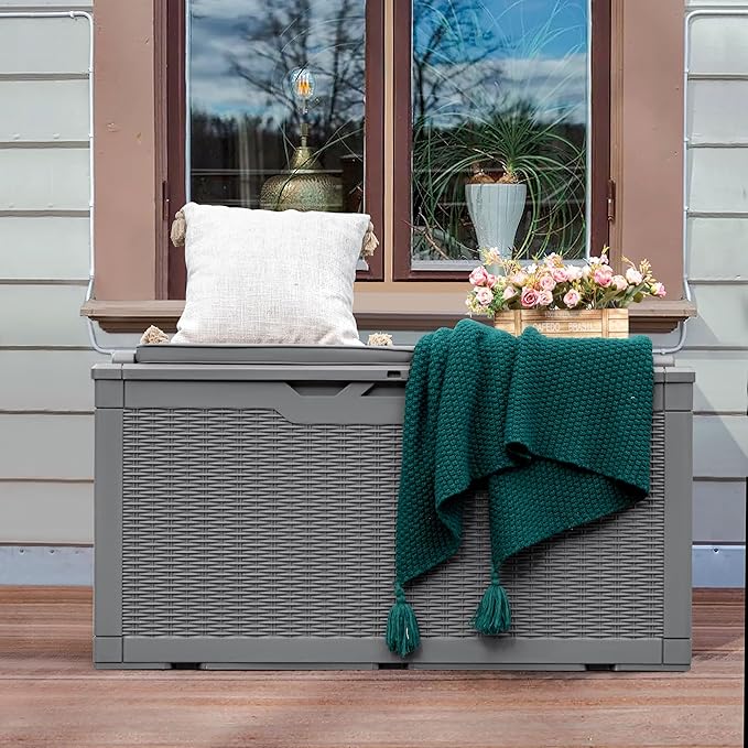 Greesum 100 Gallon Resin Deck Box Large Outdoor Storage with Cushions for Patio Furniture, Garden Tools, Pool Supplies, Weatherproof and UV Resistant, Lockable,Gray - Image 2